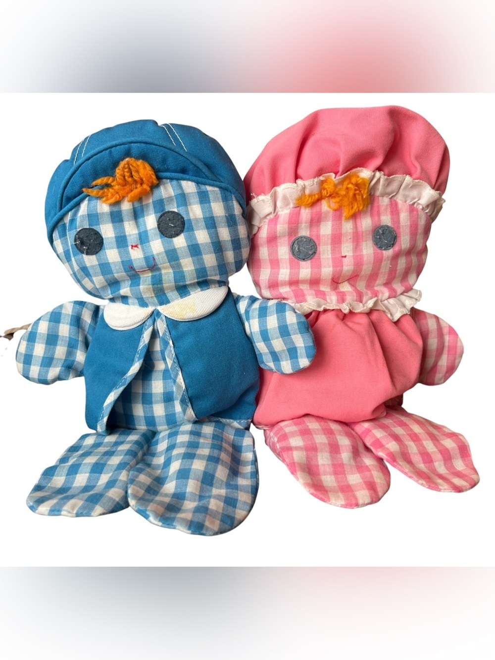 VTG Fisher Price Lolly And Cholly Dolls Pink Blue Gingham Rattle Vintage 1975